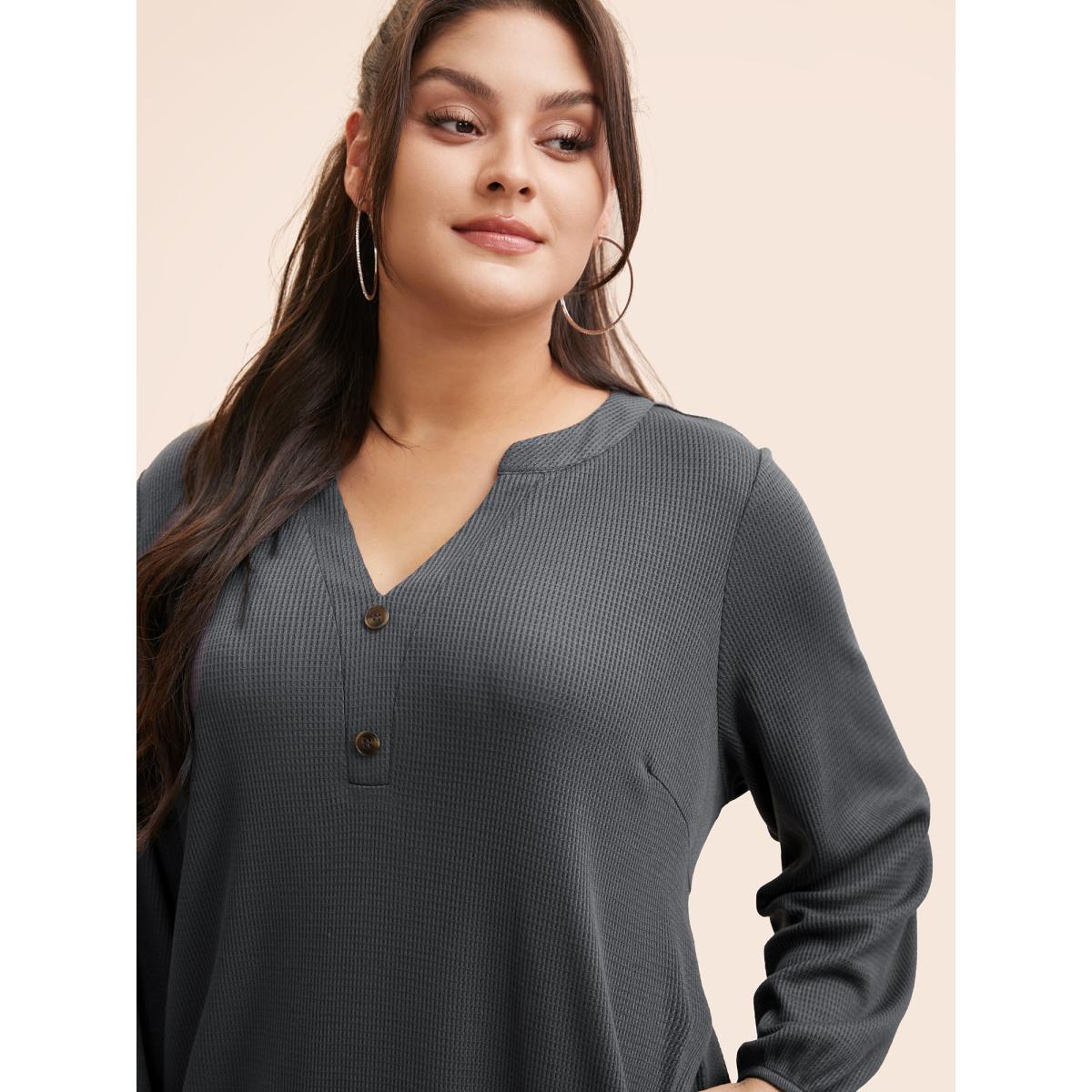 Plus Size Notched Waffle Knit Button Detail Dress DarkGray Women Casual Texture Notched collar Long Sleeve Curvy BloomChic 14-16/1X Product Image