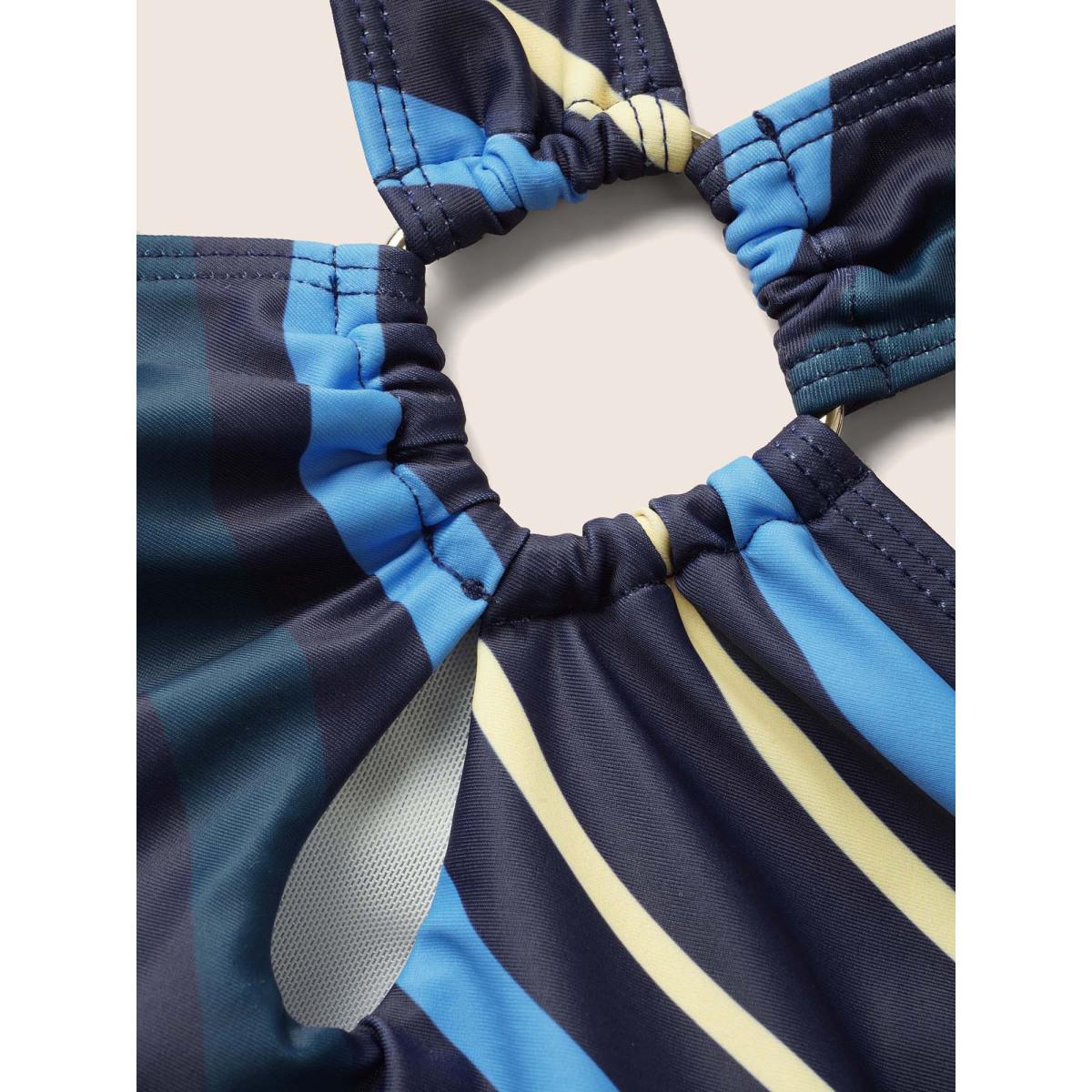 Plus Size Striped Keyhole Tie Knot Swim Top Women's Swimwear Cerulean Beach Tie knot High stretch Bodycon Asymmetrical Neck Curve Swim Tops BloomChic 18-20/2X Product Image