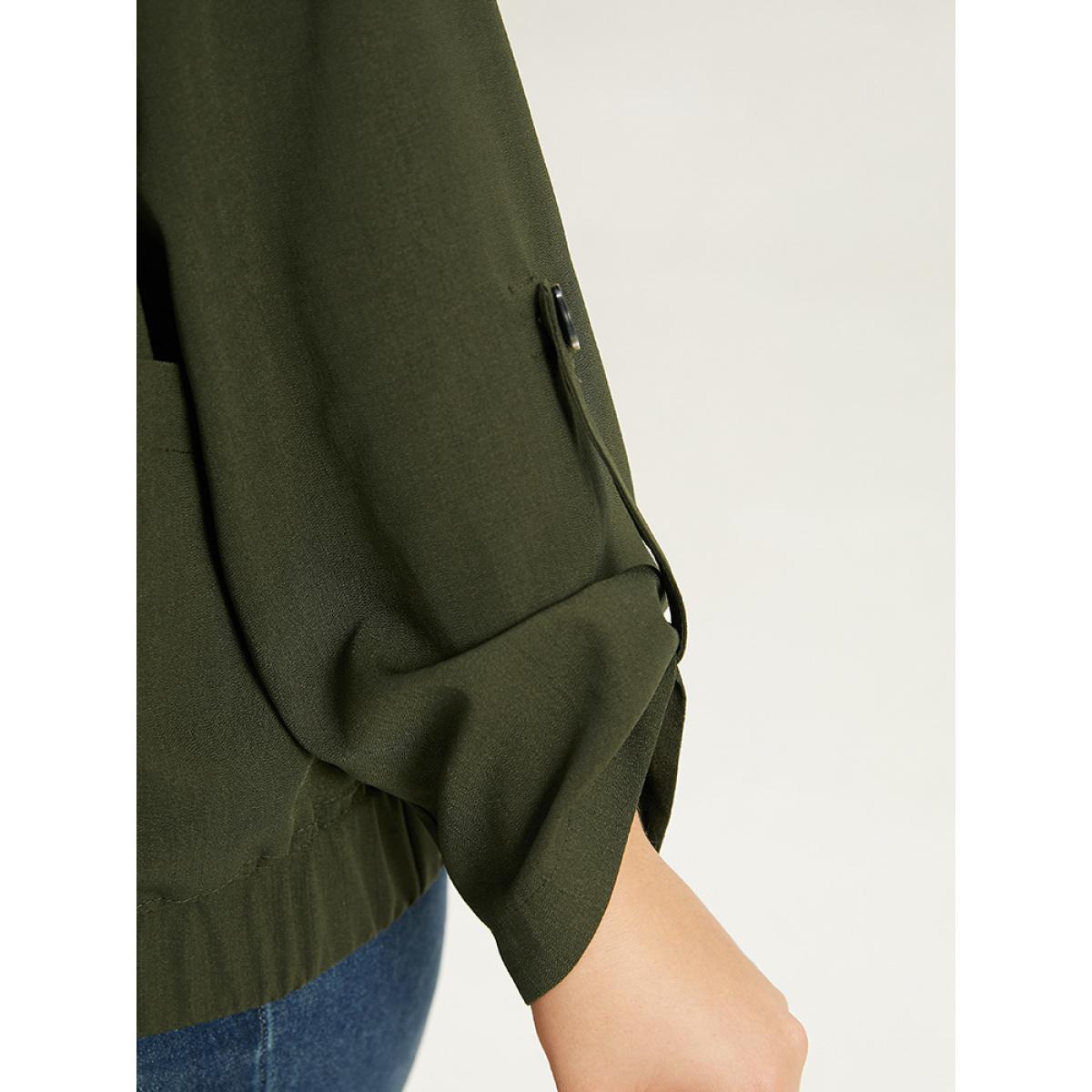 Plus Size Lapel Collar Solid Gathered Tab Sleeve Jacket Women ArmyGreen Plain Pocket Dailywear Jackets BloomChic 12/L Product Image