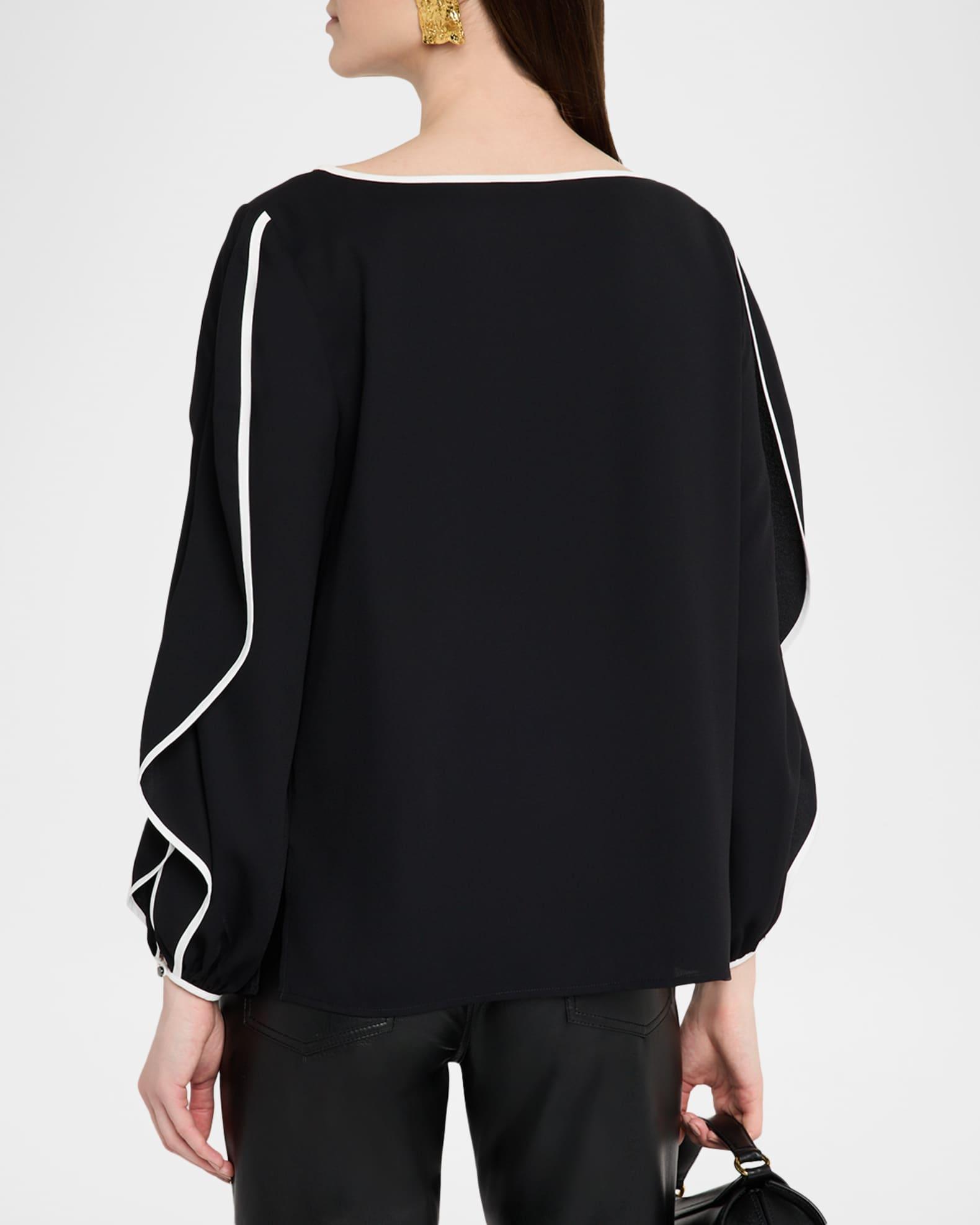 Contrast-Trim Butterfly-Sleeve Crepe Blouse Product Image