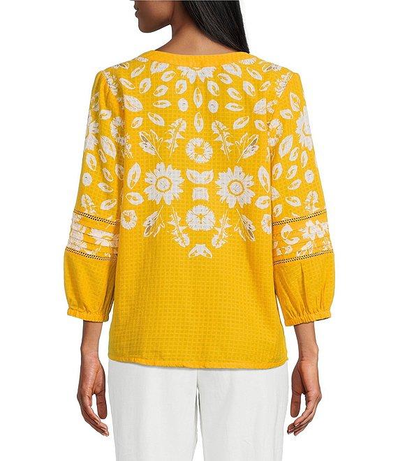 Investments Woven Medallion Floral 3/4 Sleeve Y-Neck Button Front Top Product Image