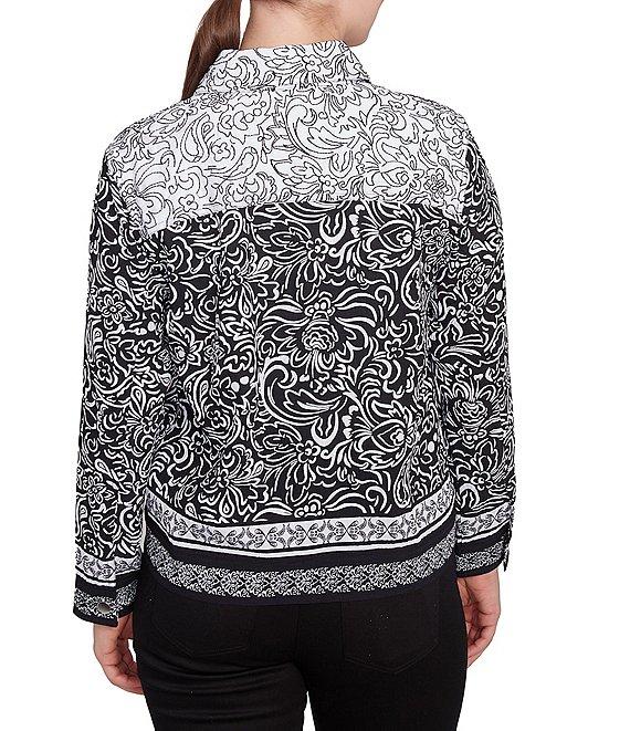 Ruby Rd. Petite Size Luxe Voile Abstract Botanical Border Print Point Collar Long Sleeve Button-Front Jacket Product Image