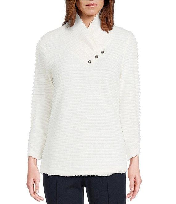 Multiples Petite Size Soft Textured Striped Knit Wrap Collar 3/4 Bungee Sleeve Top Product Image