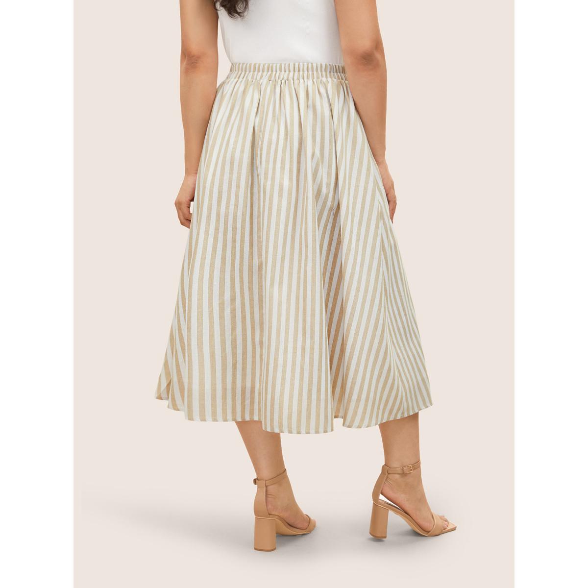 Plus Size Stripes Elastic Waist Button Detail Pocket Skirt Women Apricot Work From Home Button No stretch Slanted pocket Work Skirts BloomChic 30/6X Product Image
