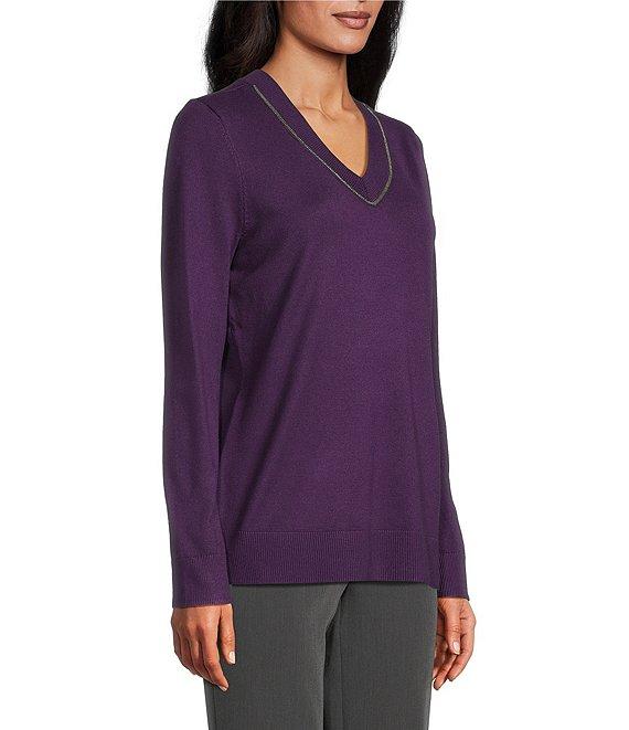 Investments Petite Size Solid Long Sleeve V-Neck Pullover Top Product Image