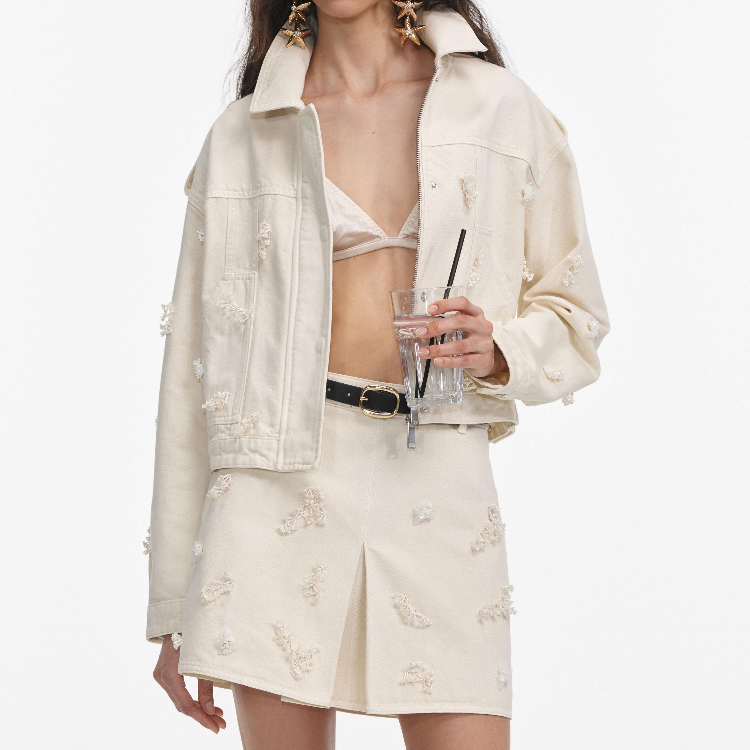 Cream Denim Beaded Floral Mini Skirt Product Image