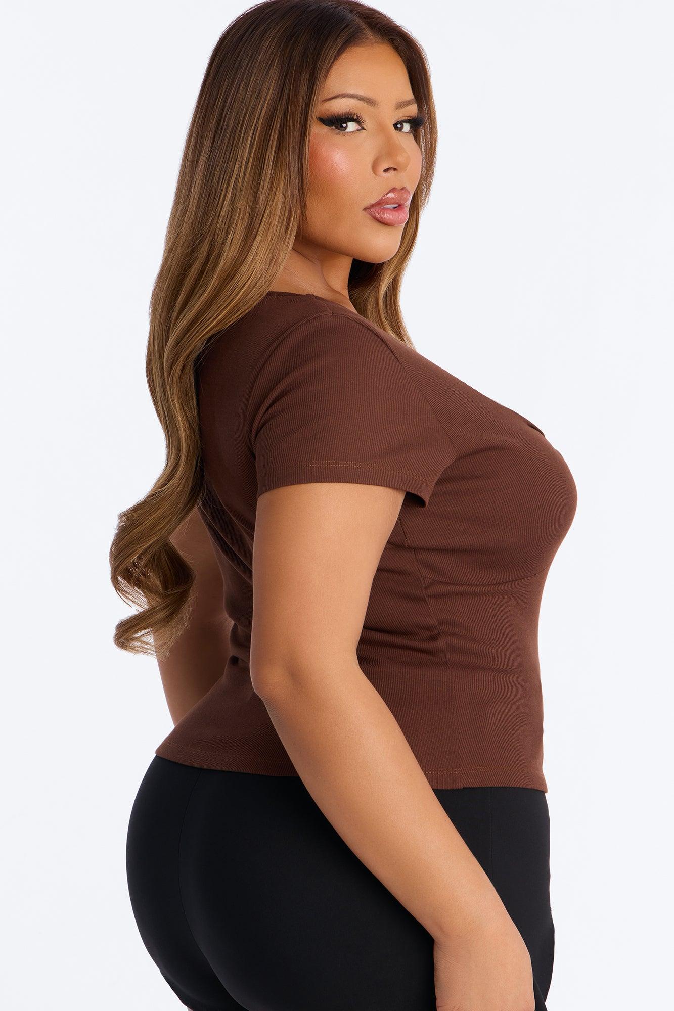 Millie Padded Twist Short Sleeve Top - Brown Female Product Image