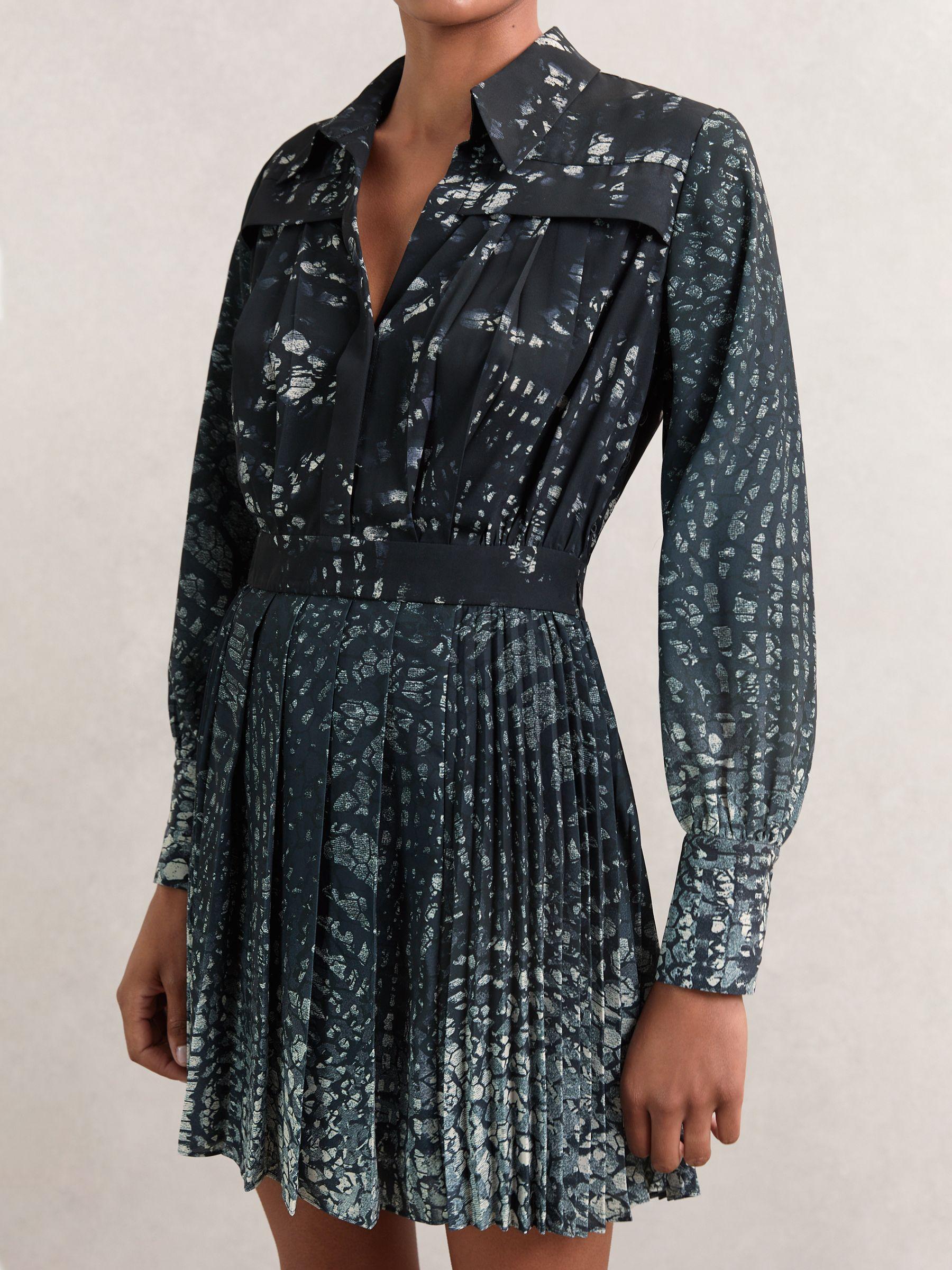 Printed Pleated Shirt Dress in Navy Product Image