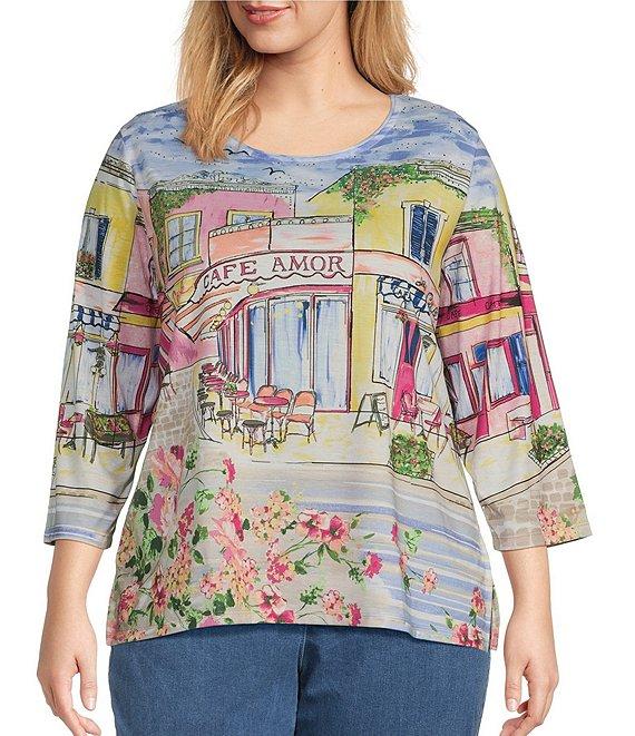 Allison Daley Plus Size Cafe Social Print 3/4 Sleeve Crew Neckline Knit Top Product Image
