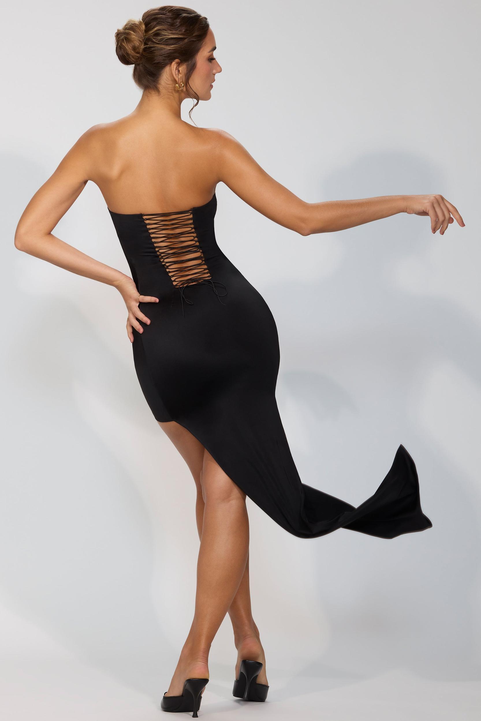 Premium Jersey Lace Up Back Mini Dress with Train in Black Product Image