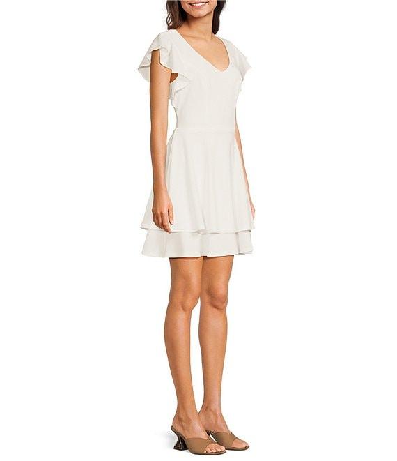 Next Up Short Flutter Sleeve V-Neck Back Twist Cut Out Loop And Button Solid Dress Product Image