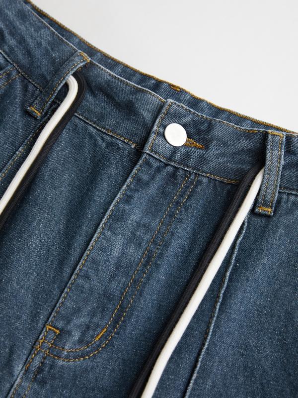 Washed Splice Piping Detail Drawstring Boyfriend Jeans Product Image