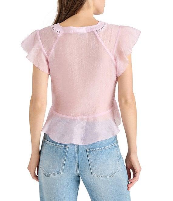 Steve Madden Leyla V Neck Short Flutter Sleeve Jacquard Peplum Top Product Image