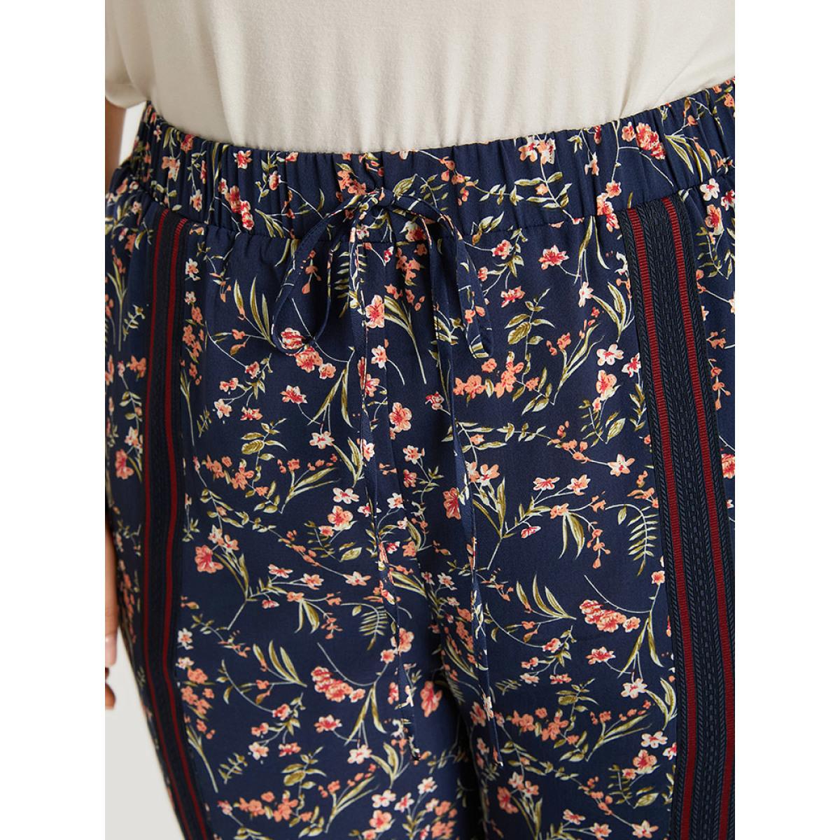 Plus Size Ditsy Floral Pocket Elastic Waist Ties Patchwork Pants Women Indigo Elegant High Rise Dailywear Pants BloomChic 30/6X Product Image