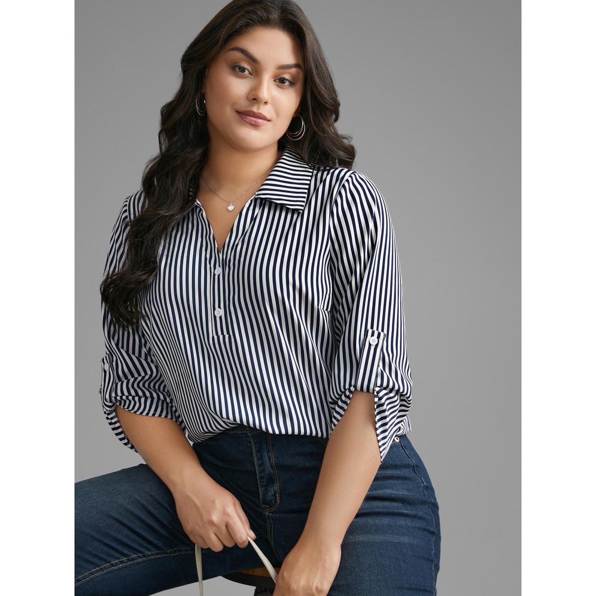 Plus Size Indigo Striped Button Cuff Sleeve Split Hem Blouse Women At the Office Elbow-length sleeve Shirt collar Work Blouses BloomChic 12/L Product Image
