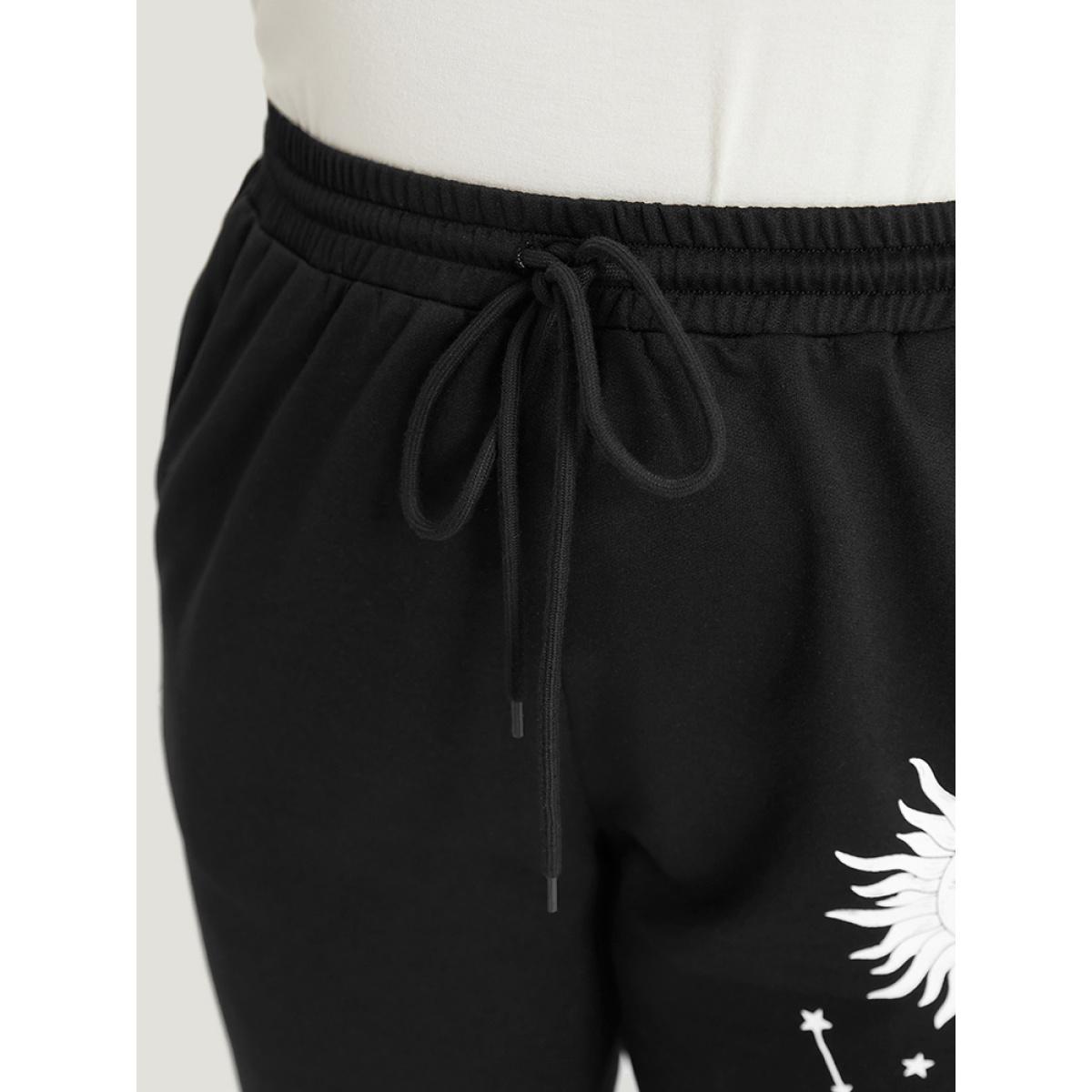 Moon and Star Print Pocket Drawstring Sweatpants Black Plus Size Women Casual Dailywear Plain 12/L Bloomchic Product Image