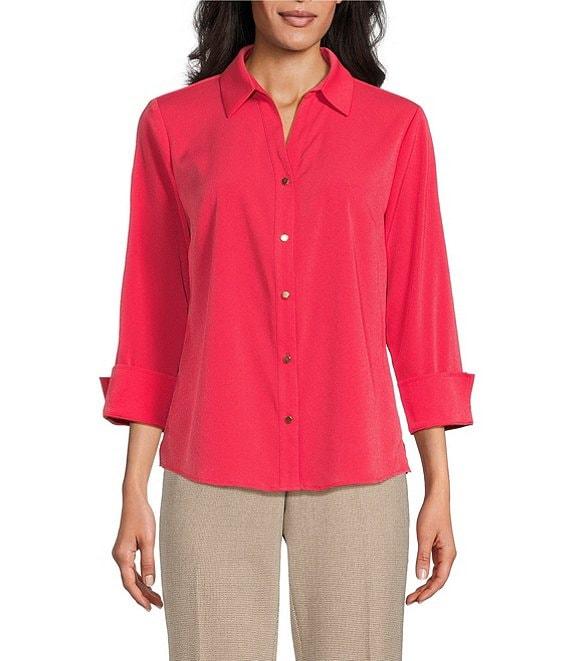Investments Woven 3/4 Sleeve Point Collar Button Front Split Cuff Top Product Image