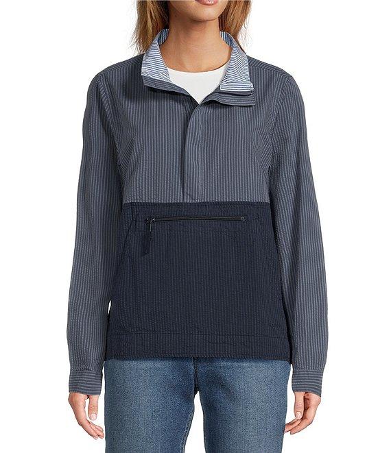 L.L.Bean Seersucker Anorak Mock Neck Half Zip Pullover Long Sleeve Jacket Product Image