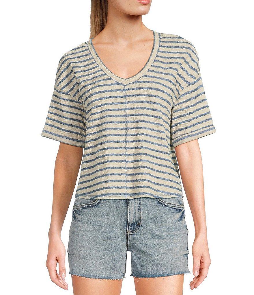 Moa Moa Striped V-Neck Short Sleeve Top Product Image