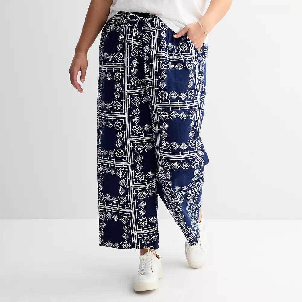 Plus Size Sonoma Goods For Life® Linen Wide Leg Ankle Pants, Women's, Size: 1XL, Blue Nautical Print Product Image