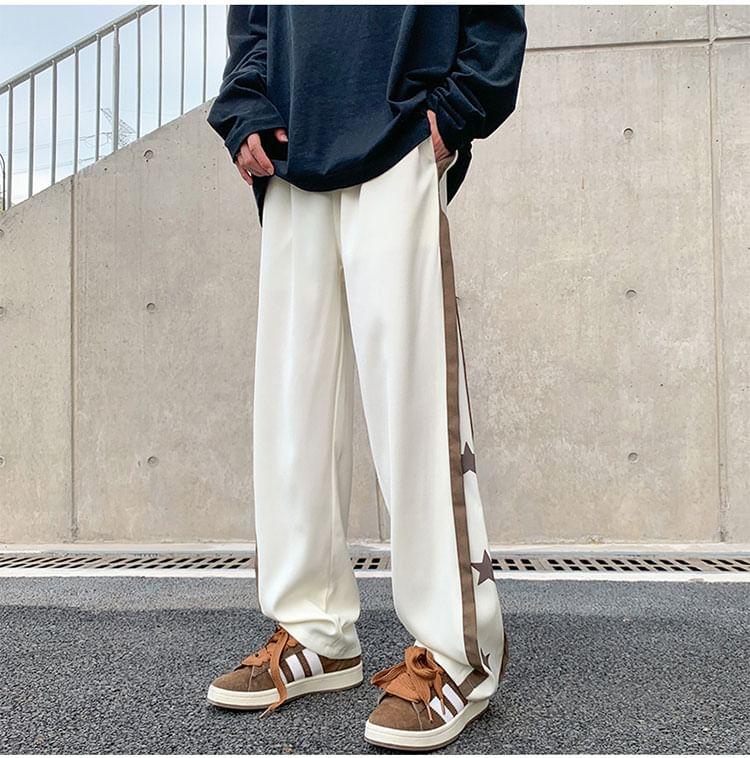 Drawstring Waist Star Print Panel Straight Leg Pants Product Image