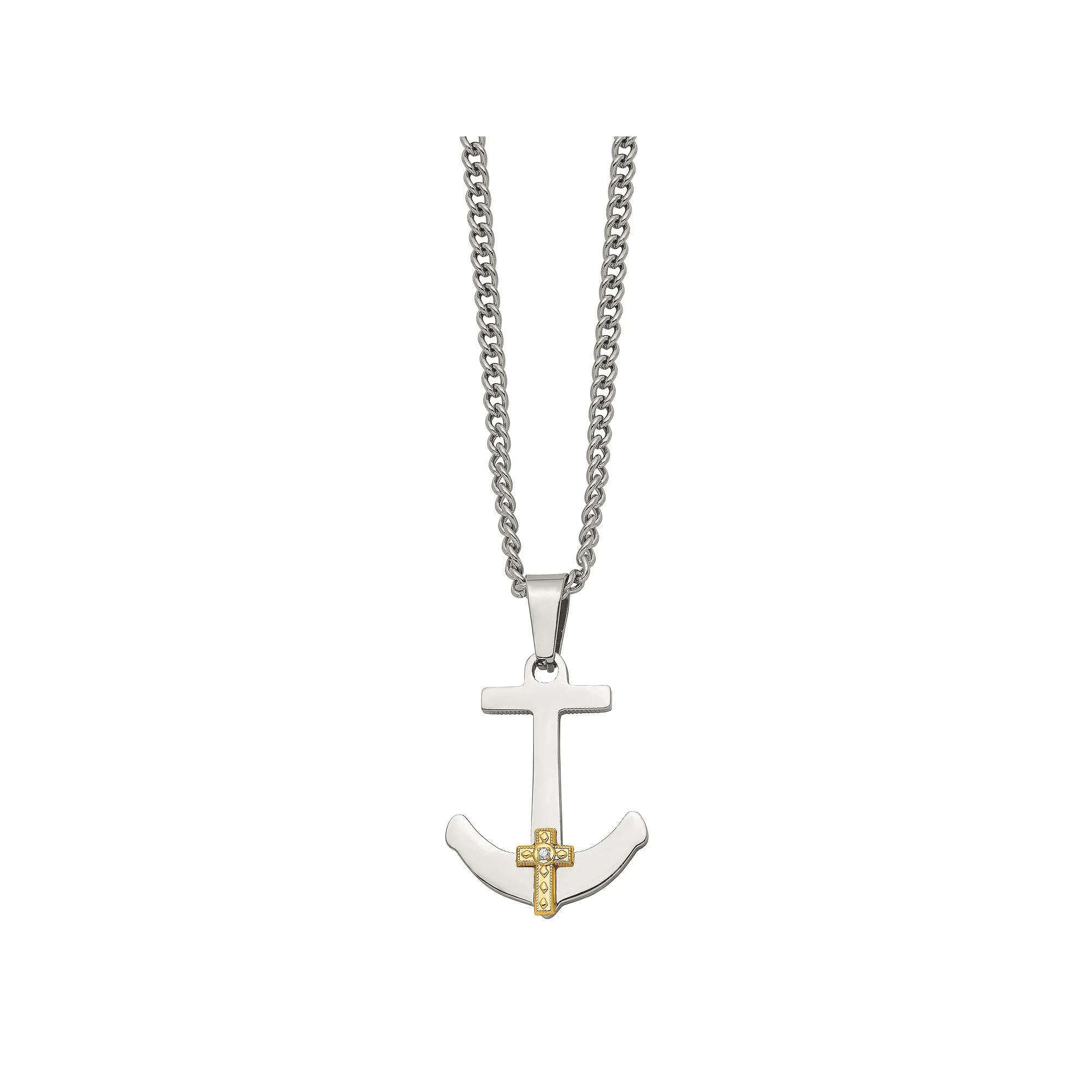 Men's Stainless Steel 14k Gold Diamond Accent Anchor Mariner Cross Necklace, Size: 24" Product Image