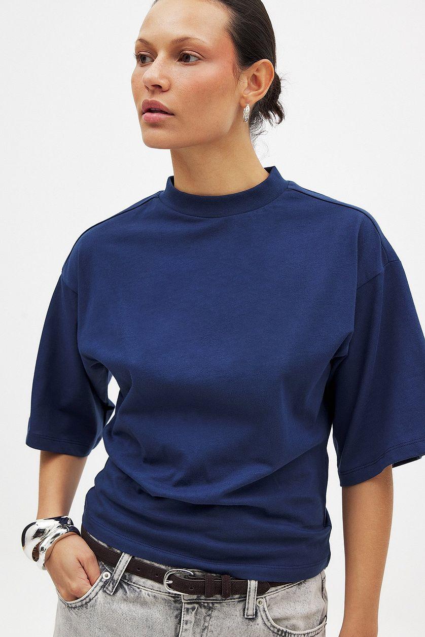 Funnel Neck Shaped Cotton T-shirt Product Image