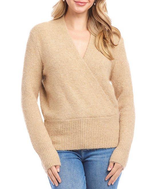 Karen Kane Surplice V-Neck Long Sleeve Crossover Faux Wrap Knit Top Product Image