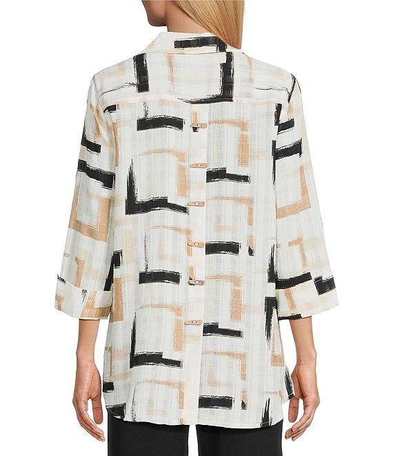 Multiples Petite Size Yarn-Dyed Geometric Print Point Collar 3/4 Turn-Up Sleeve Button Front Shirt Product Image