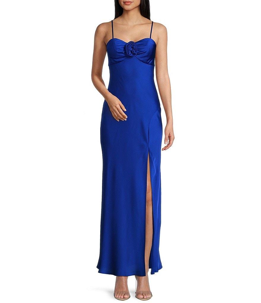 Next Up Satin Sweetheart Neck Front Rosette Side Slit Midi Dress Product Image