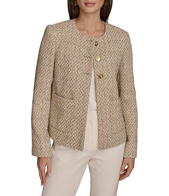 Donna Karan Tweed Triple Gold Button Crew Neck Jacket Product Image