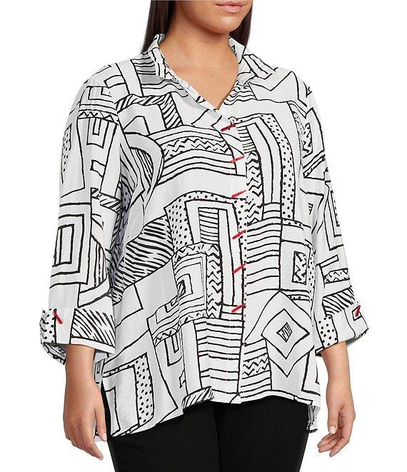 Ali Miles Plus Size Printed Woven Wire Collar 3/4 Sleeve Button-Front Blouse Product Image