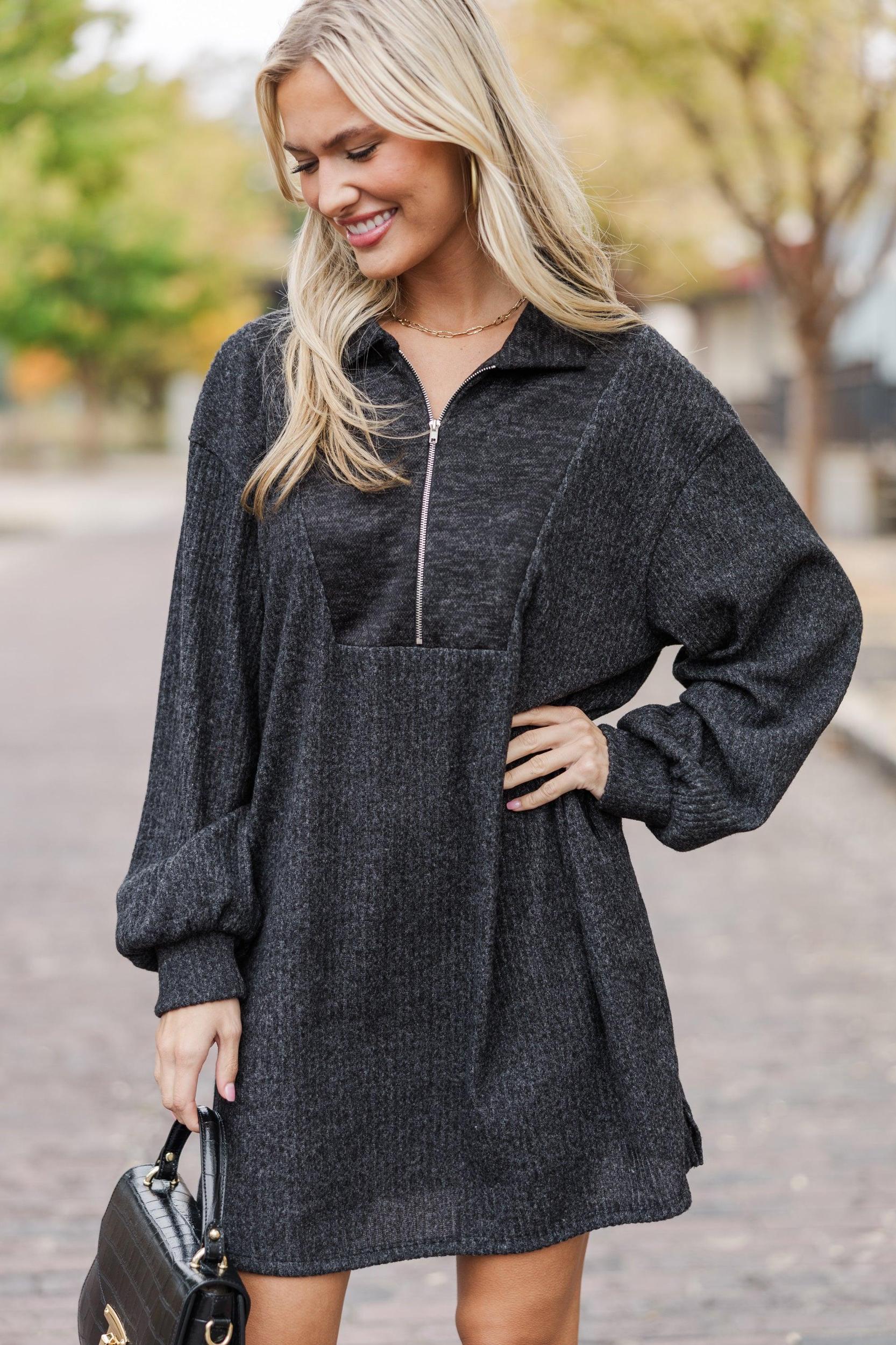 On The Rise Black Quarter Zip Sweater Dress Female Product Image