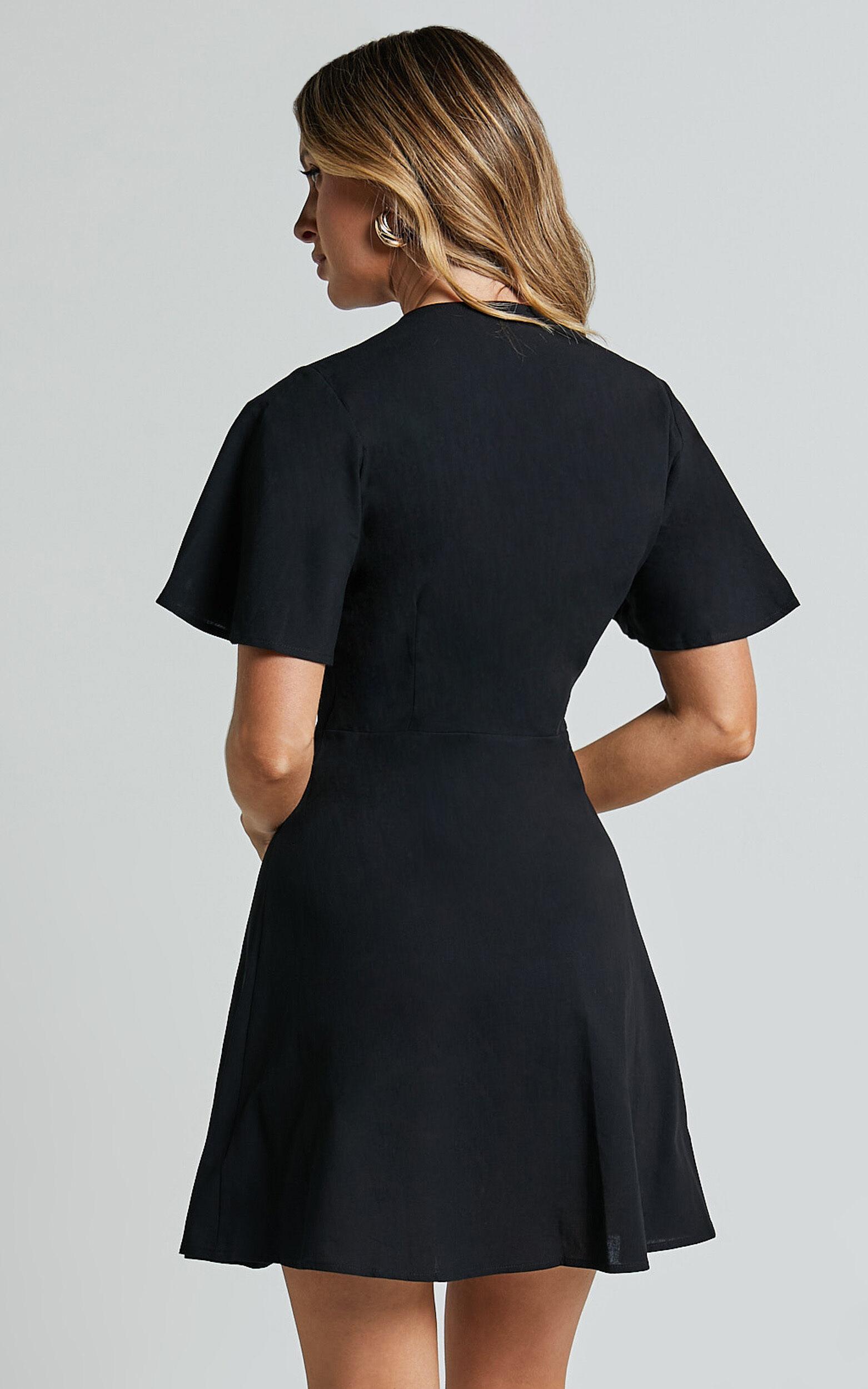Sahar Mini Dress - Flutter Sleeve Button Through Dress in Black Product Image