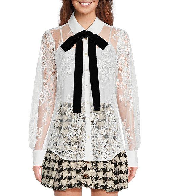 A Loves A Poplin Point Collar Bow Tie Neck Sheer Illusion Lace Long Sleeve Button Front Shirttail Blouse Product Image