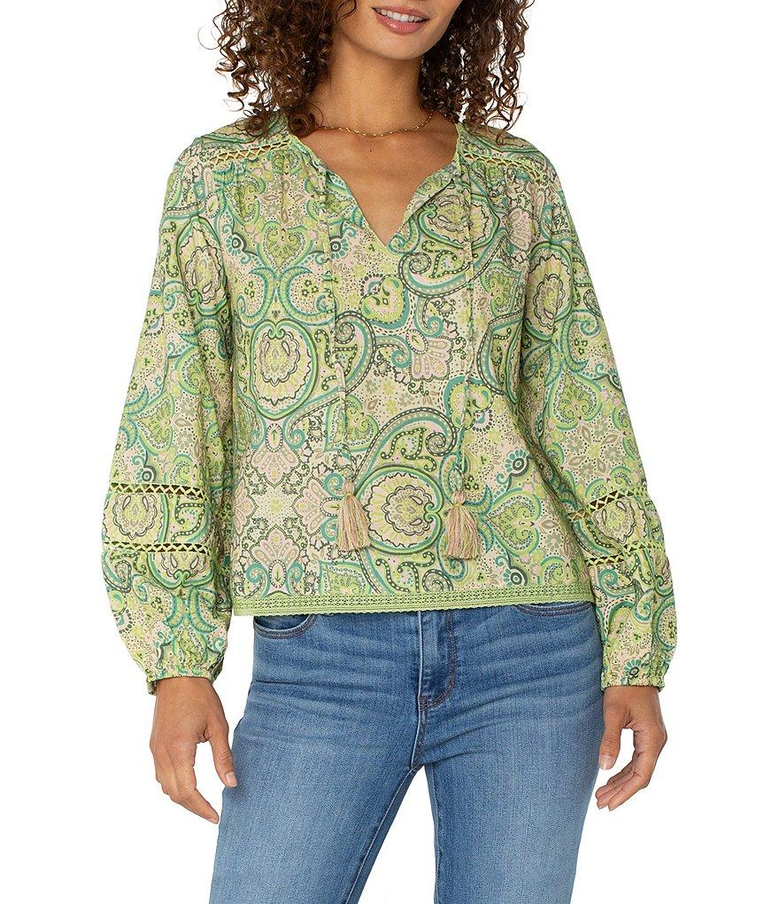 Liverpool Los Angeles Woven Paisley Print V-Neck Long Sleeve Shirred Blouse Product Image