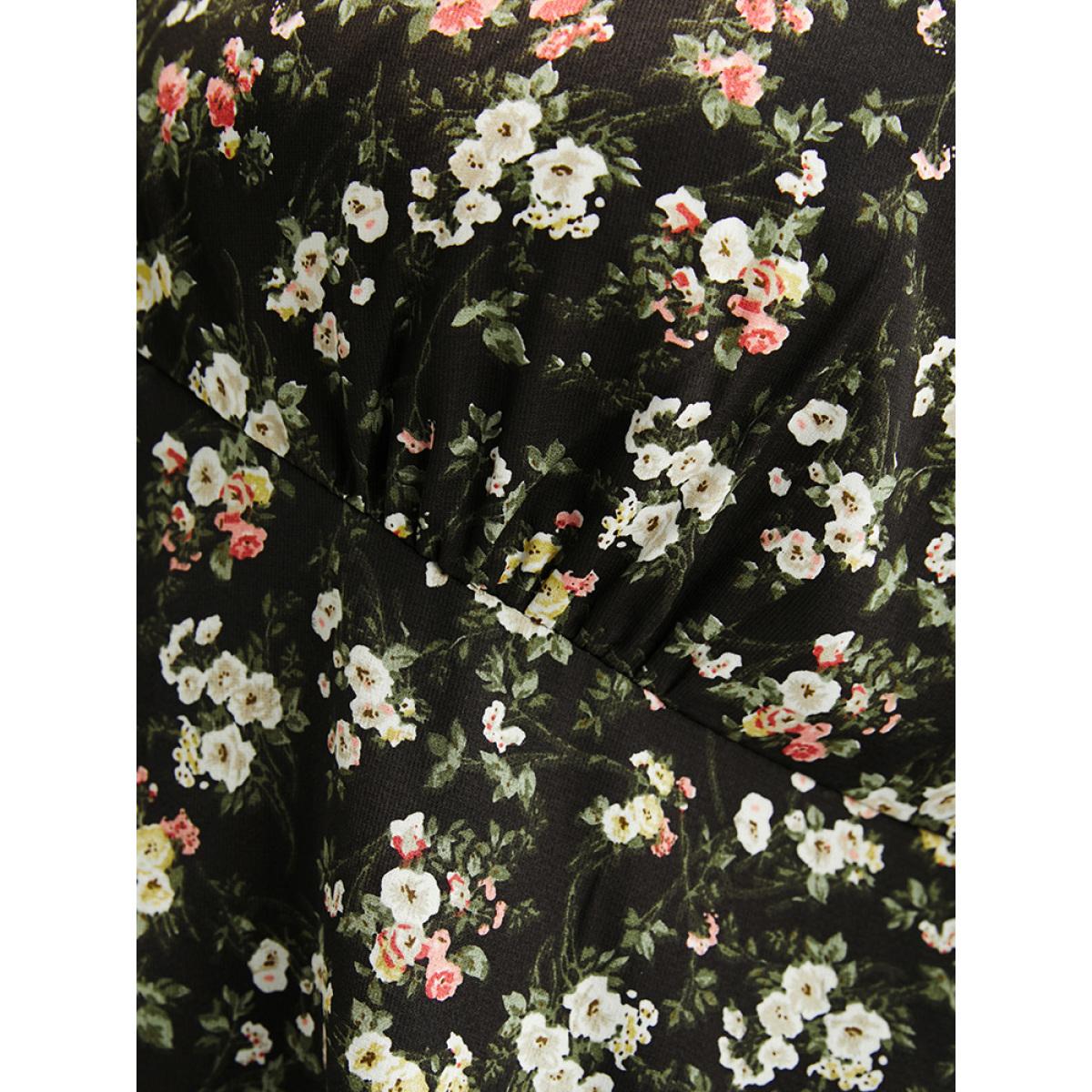 Plus Size Black Floral V Neck Lantern Sleeve Ruffles Blouse Women Elegant Long Sleeve V-neck Dailywear Blouses BloomChic 14-16/1X Product Image