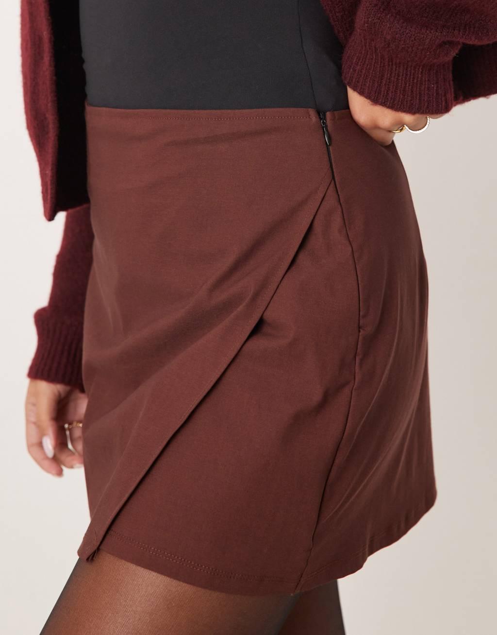 Miss Selfridge bengaline wrap mini skort in chocolate Product Image