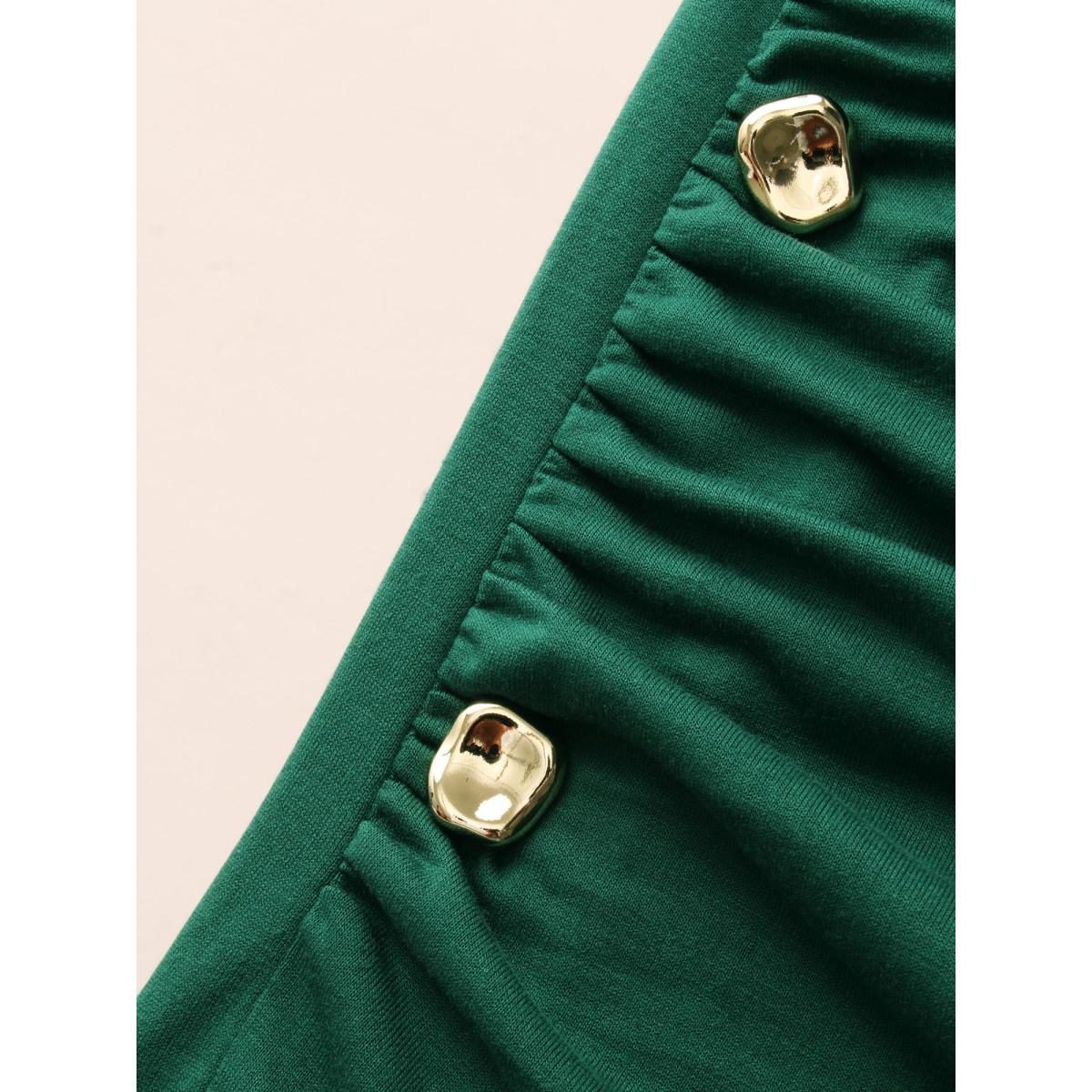 Plus Size Plain Button Detail Split Hem Dress DarkGreen Women Casual Gathered Round Neck Long Sleeve Curvy BloomChic 26/4X Product Image