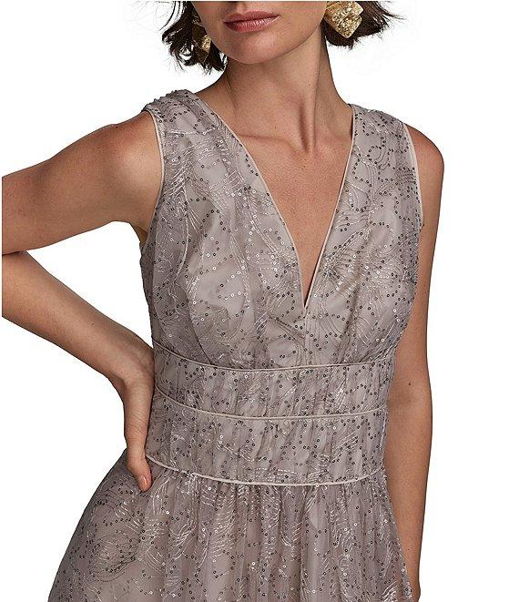Donna Karan V-Neck Embroidered Mesh Sequin Dress Product Image