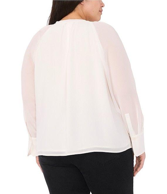 CeCe Plus Size Woven V-Neck Long Sleeve Tie Front Blouse Product Image