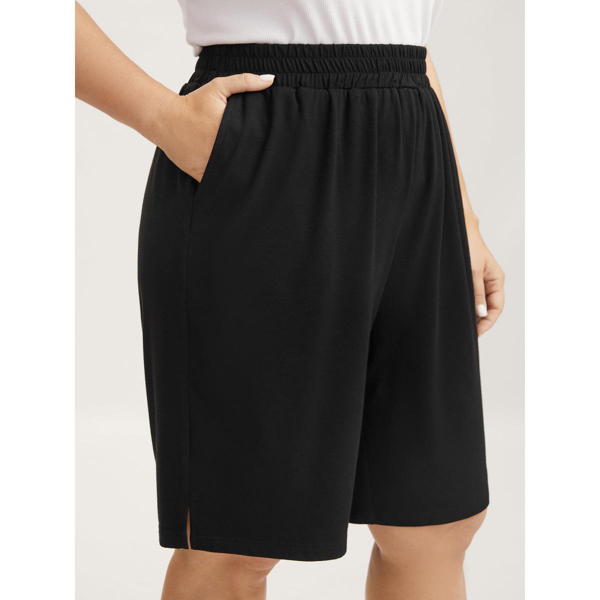 Plus Size Stretchy Slit Straight-Leg Shorts Women Black Leisure Slit Straight Leg Casual Shorts BloomChic 12/L Product Image