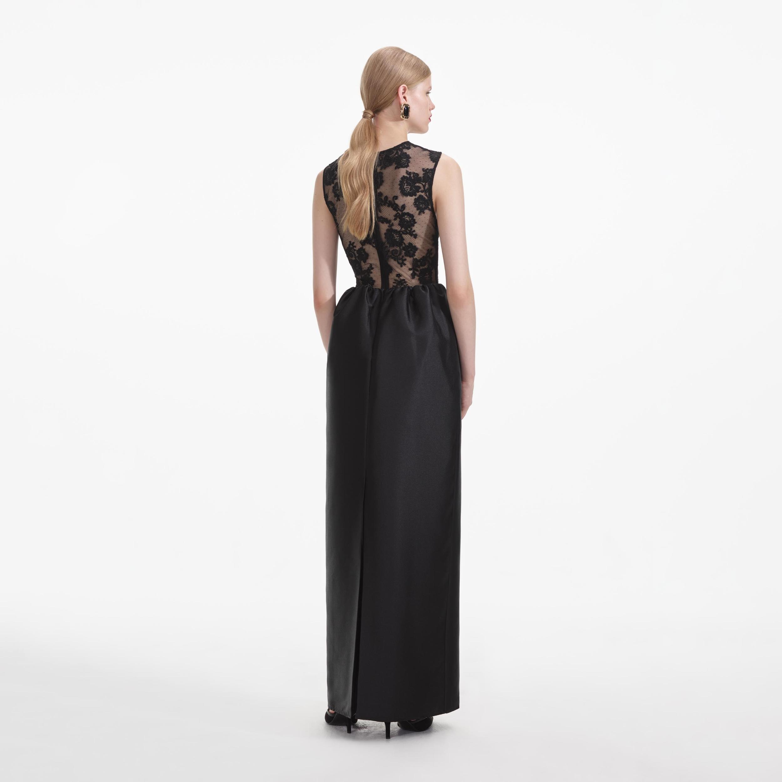 Black Lace Taffeta Maxi Dress Product Image