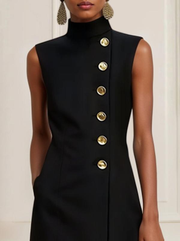 Loose Sleeveless Asymmetric Split-Joint High Neck Midi Dresses Product Image