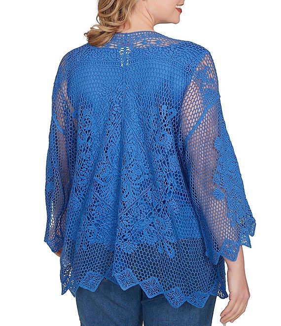 Ruby Rd. Plus Size Crochet Medallion Floral Pattern Scoop Neck 3/4 Wide Flared Sleeve Top Product Image