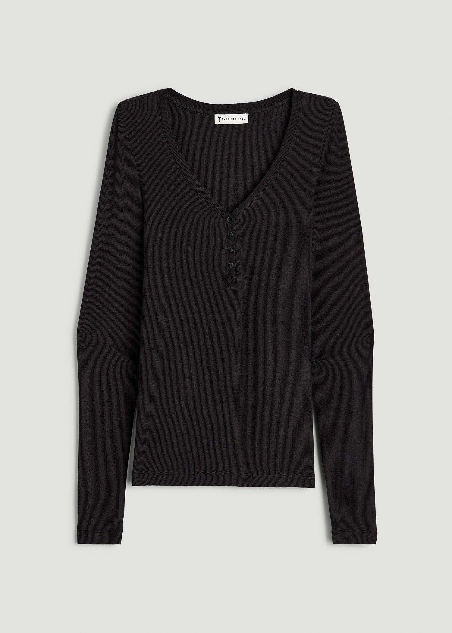 Fitted Ribbed Long Sleeve Henley for Tall Women in Black Female Product Image