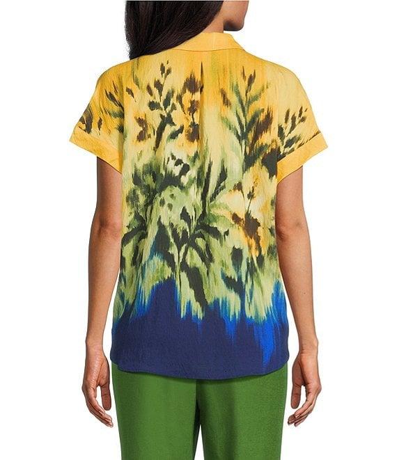 Investments Woven Tropical Floral Short Sleeve Point Collar Partial Button Front Top Product Image
