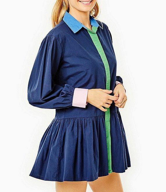 Addison Bay Lane Color Block Point Collar Long Blouson Sleeve Peplum Dropped Waist Flounce Mini Shirt Dress Product Image