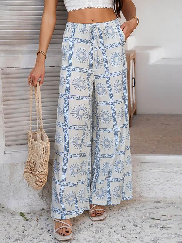 High Waisted Loose Contrast Color Drawstring Pockets Pants Trousers Product Image