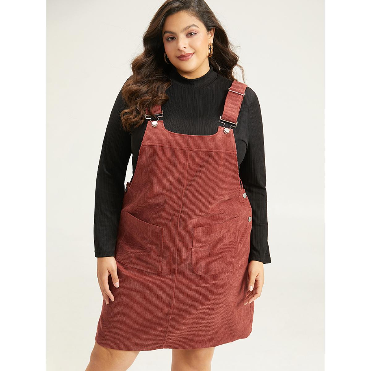 Plus Size Corduroy Adjustable Straps Metal Detail Pocket Cami Dress Scarlet Women Casual Adjustable Straps Spaghetti Strap Sleeveless Curvy Knee Dress BloomChic 10/M Product Image